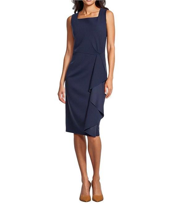 Investments Scuba Crepe Sleeveless Square Neck Faux Wrap Ruffle Sheath Midi Dress Product Image
