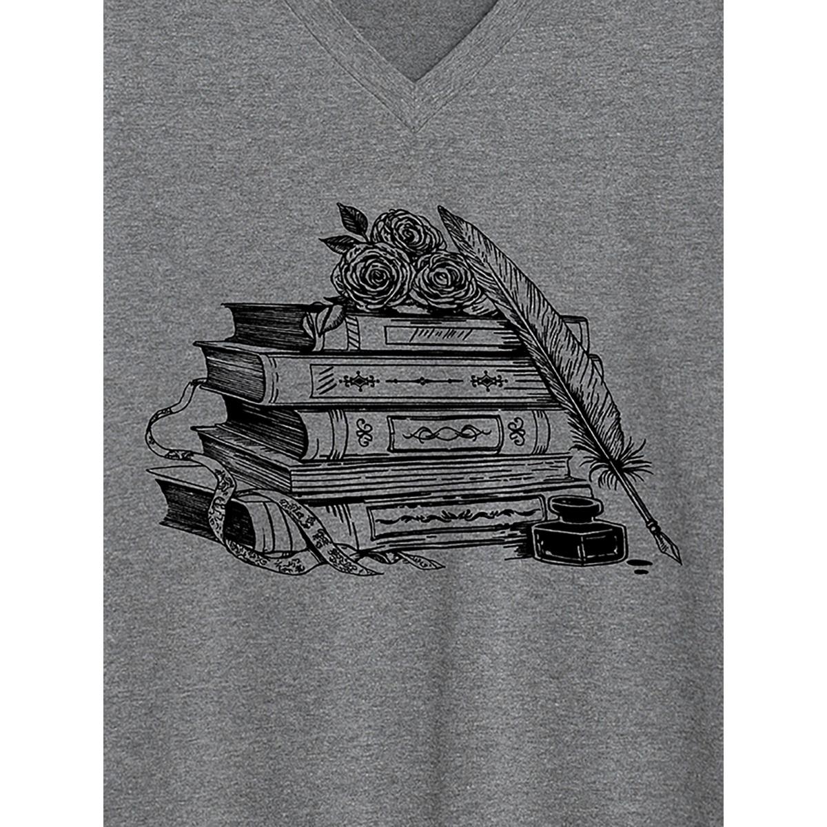 Plus Size Romantic Books V-Neck T-Shirt DarkGray Women Non Art&design V-neck Everyday-Casual T-shirts BloomChic 22-24/3X Product Image