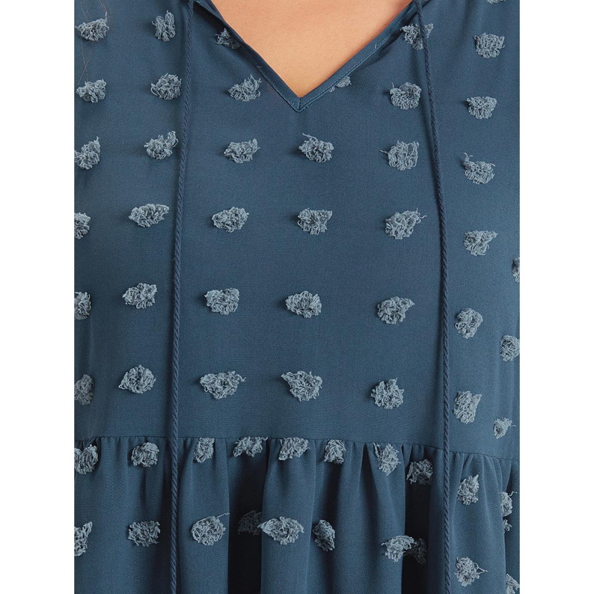 Plus Size Polka Dot Tassels Ties Shirred Cuffs Pocket Dress DarkBlue Women Office Elastic cuffs V-neck Elbow-length sleeve Curvy Midi Dress BloomChic 22-24/3X Product Image