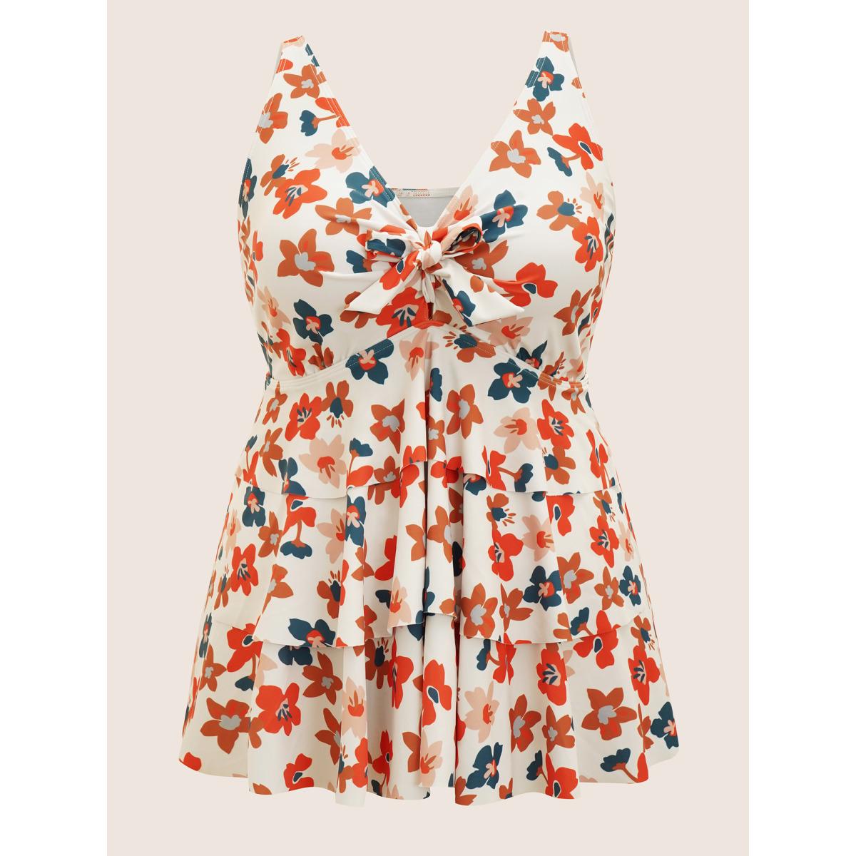 Plus Size Floral Tie Knot Tiered Ruffles Swim Top Women's Swimwear Beige Beach Tie knot High stretch Bodycon V-neck Curve Swim Tops BloomChic 12/L Product Image