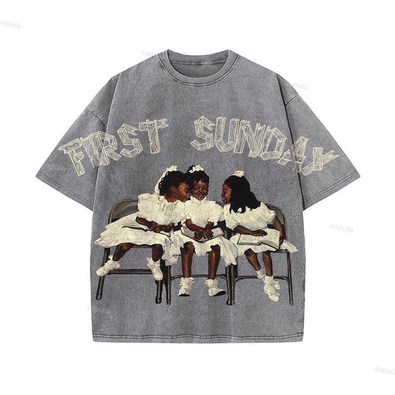 First Sunday Retro Graphic Print Acid Washed T-Shirt Product Image