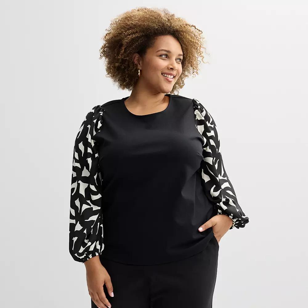Plus Size Nine West Mixed Long Puff Sleeve Crewneck Top, Women's, Size: 2XL, Black Bold Leaf Product Image