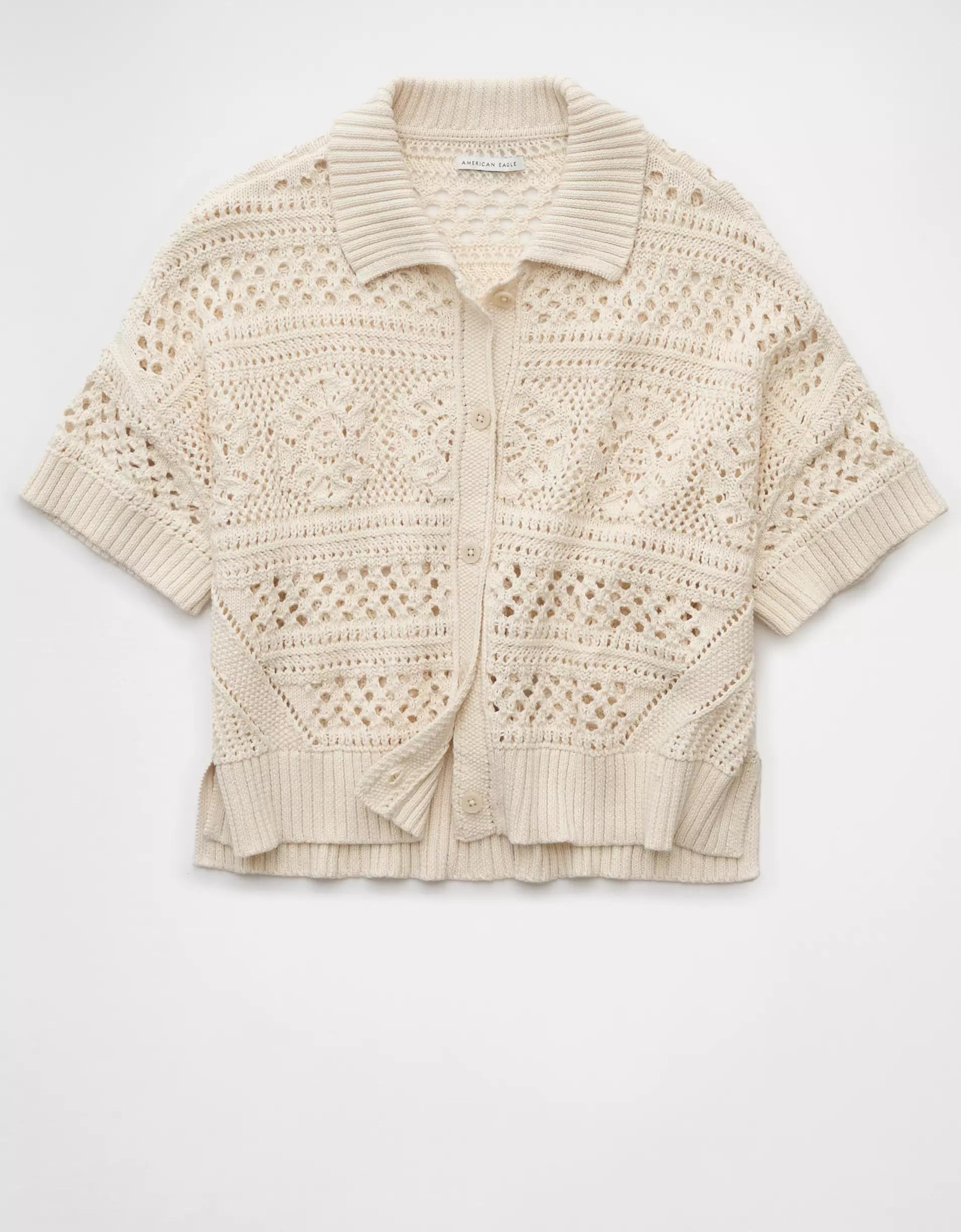 AE Crochet Button-Up Sweater Polo Shirt Product Image