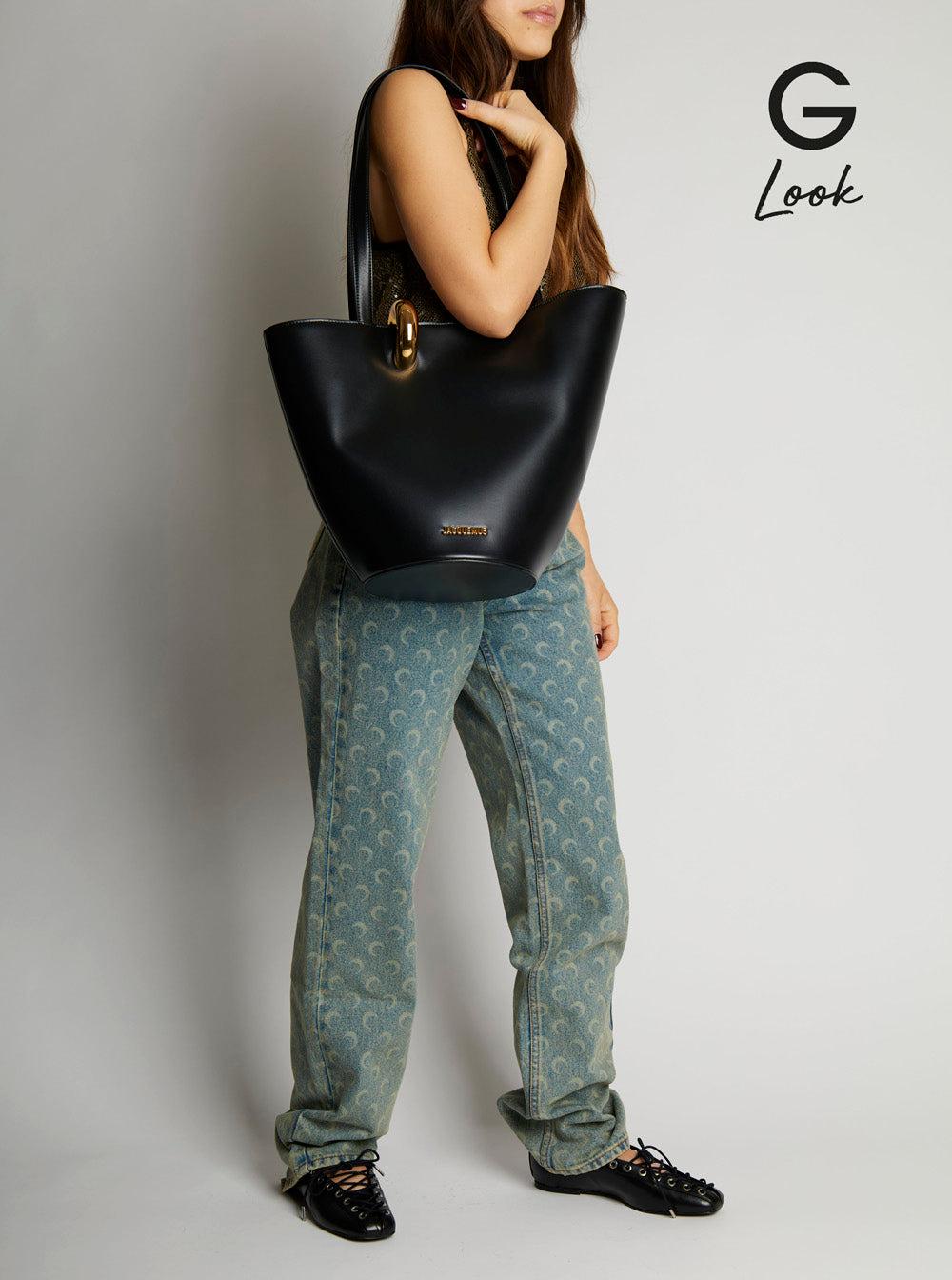 JACQUEMUS The Medium Bambola Asymmetric Leather Bucket Bag In Black 990 Product Image