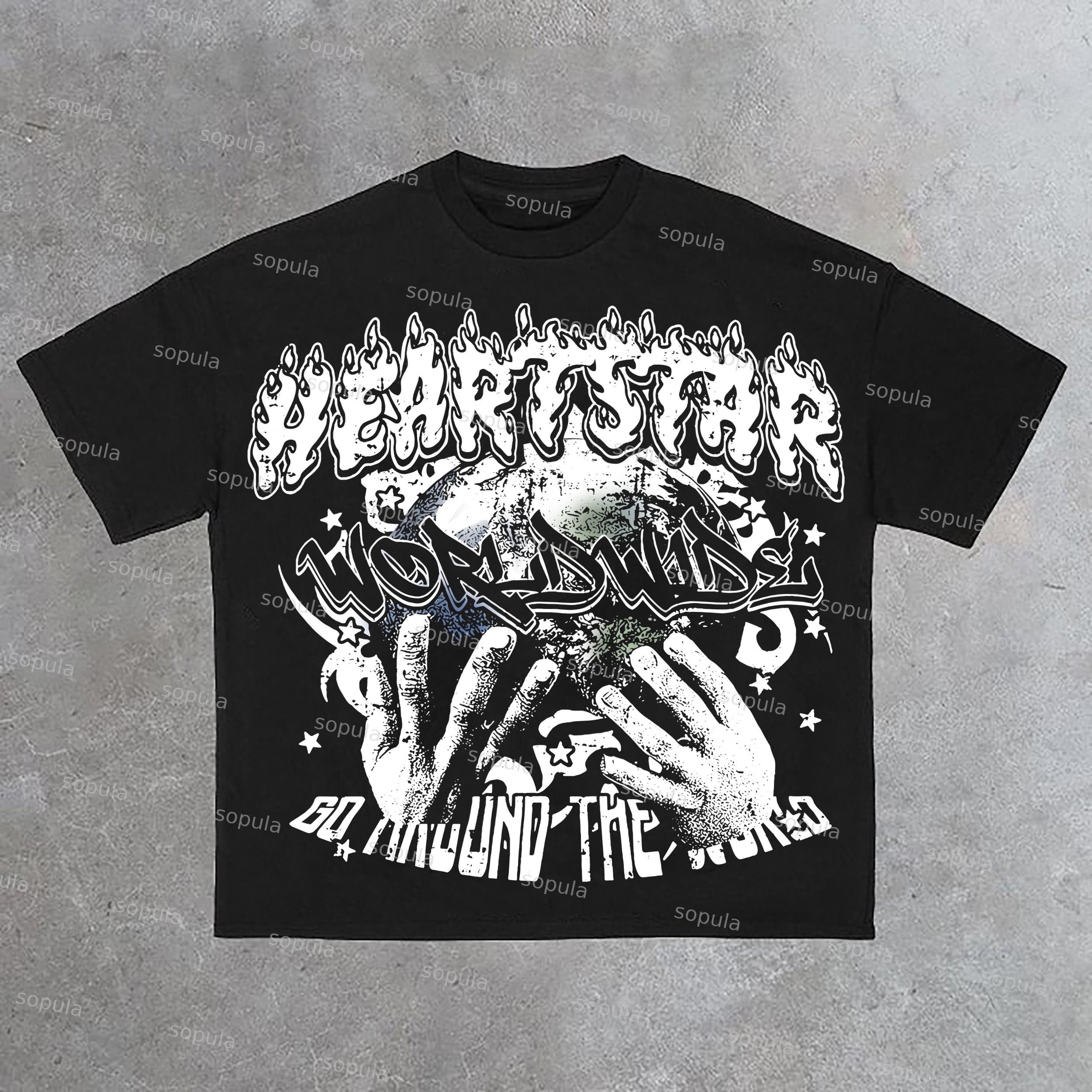 Vintage Heart Star Worldwide Print Graphic Cotton T-Shirt Product Image