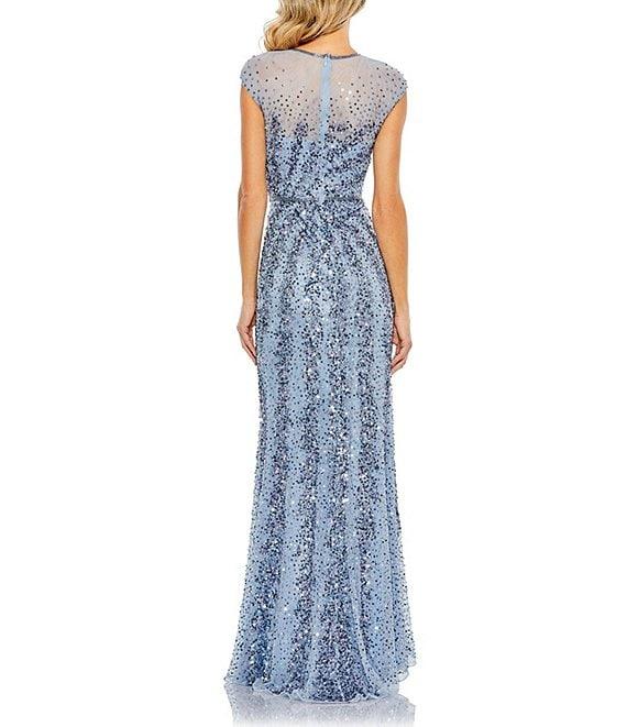 Mac Duggal Embellished Sequin Illusion High Neck Cap Sleeve Thigh High Slit Gown Product Image