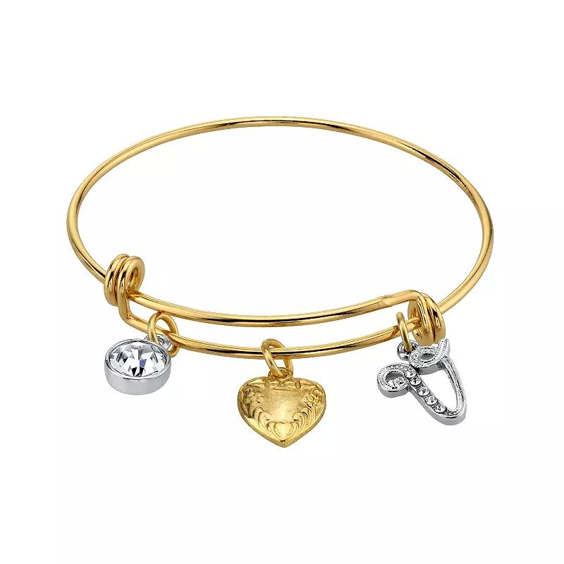 1928 Two Tone Crystal, Heart & Initial Charm Bangle Bracelet, Womens Product Image