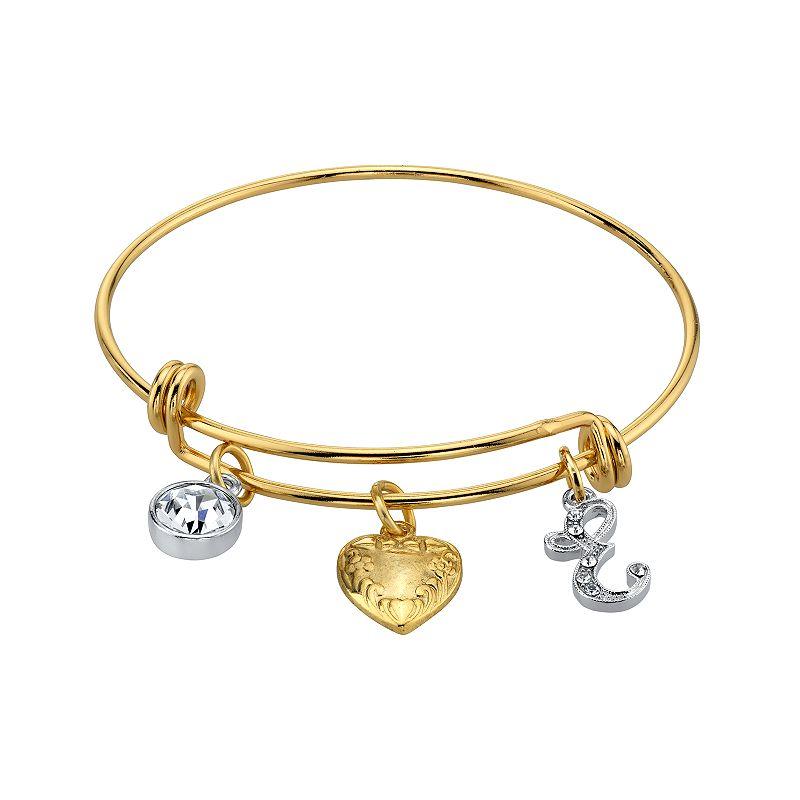 1928 Two Tone Crystal, Heart & Initial Charm Bangle Bracelet, Womens Product Image