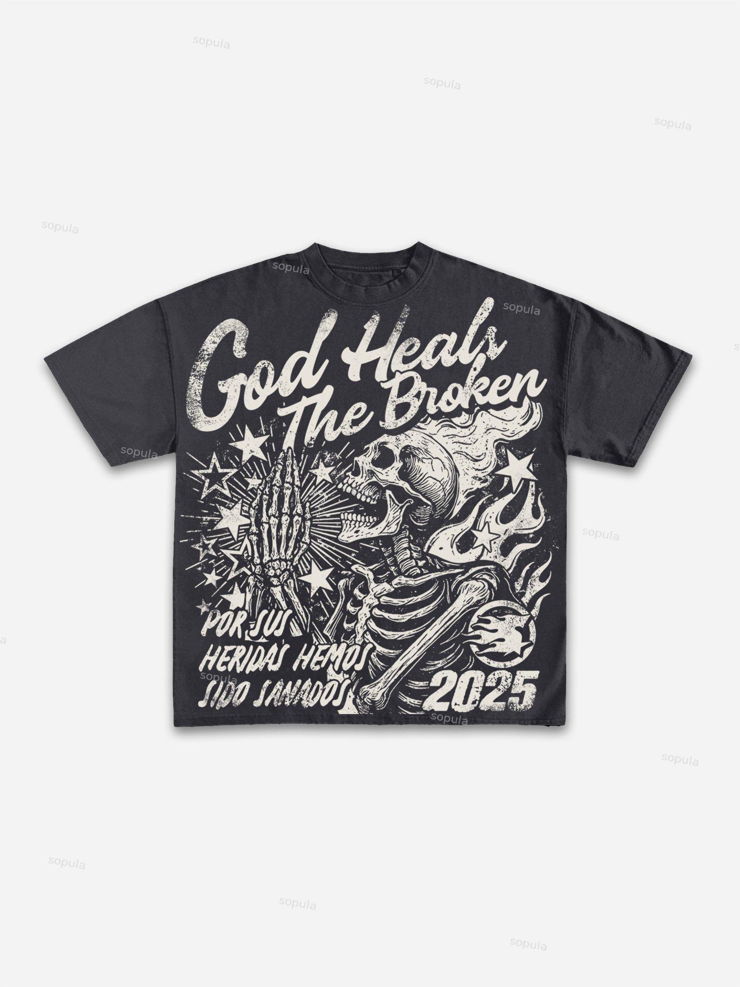 God Heals The Broken Vintage Graphic Casual Cotton T-shirt Product Image