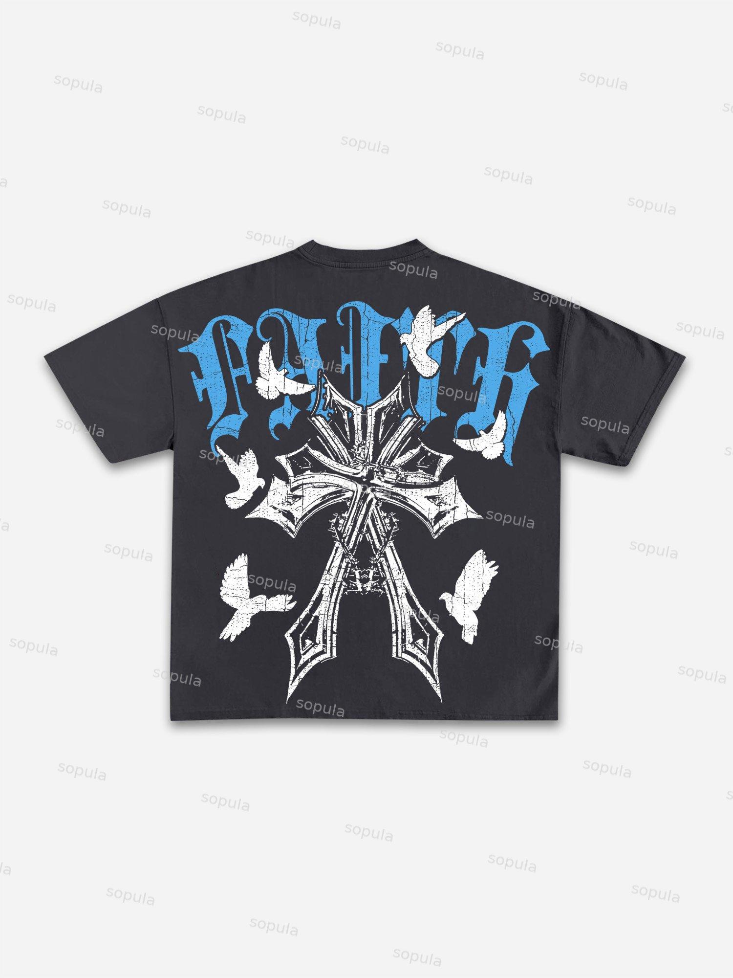 Faith Cross Peace Dove Print Cotton T-shirt Product Image