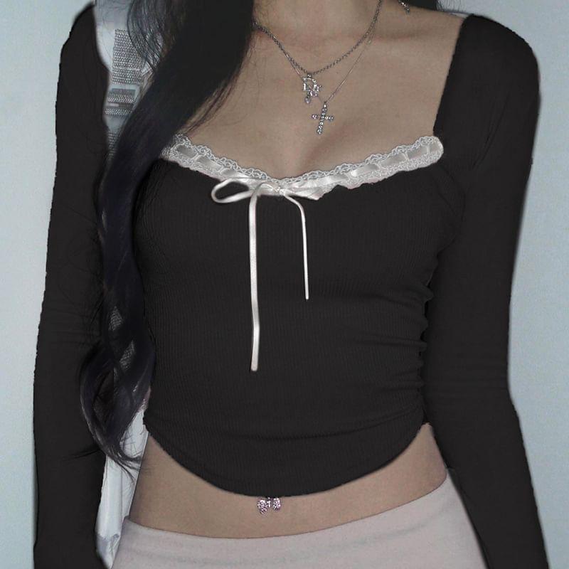 Long Sleeve Square-Neck Lace-Trim Bow Accent Crop Top Product Image