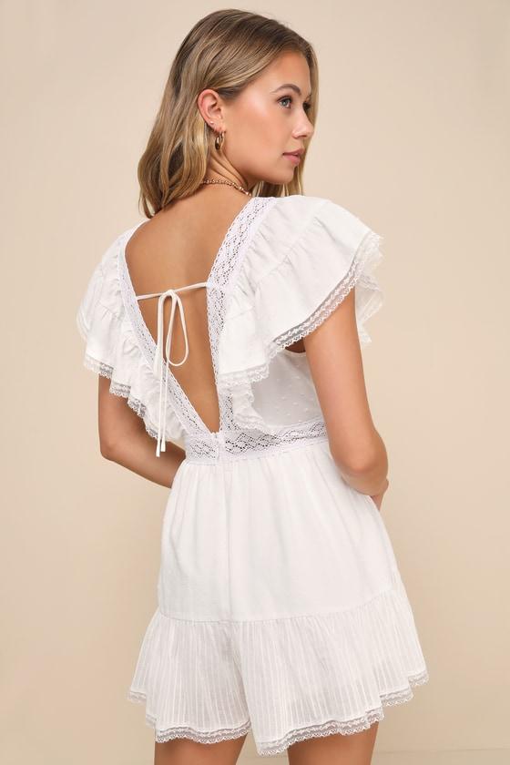 Flirty Sweetheart White Clip Dot Lace Flutter Sleeve Romper Product Image