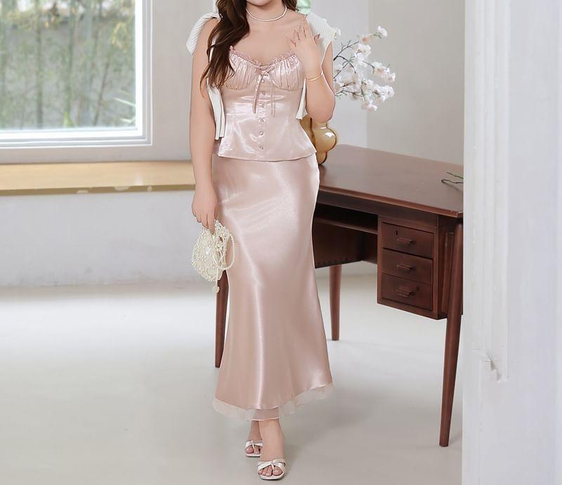 High Rise Plain Satin Maxi Fishtail Skirt Product Image
