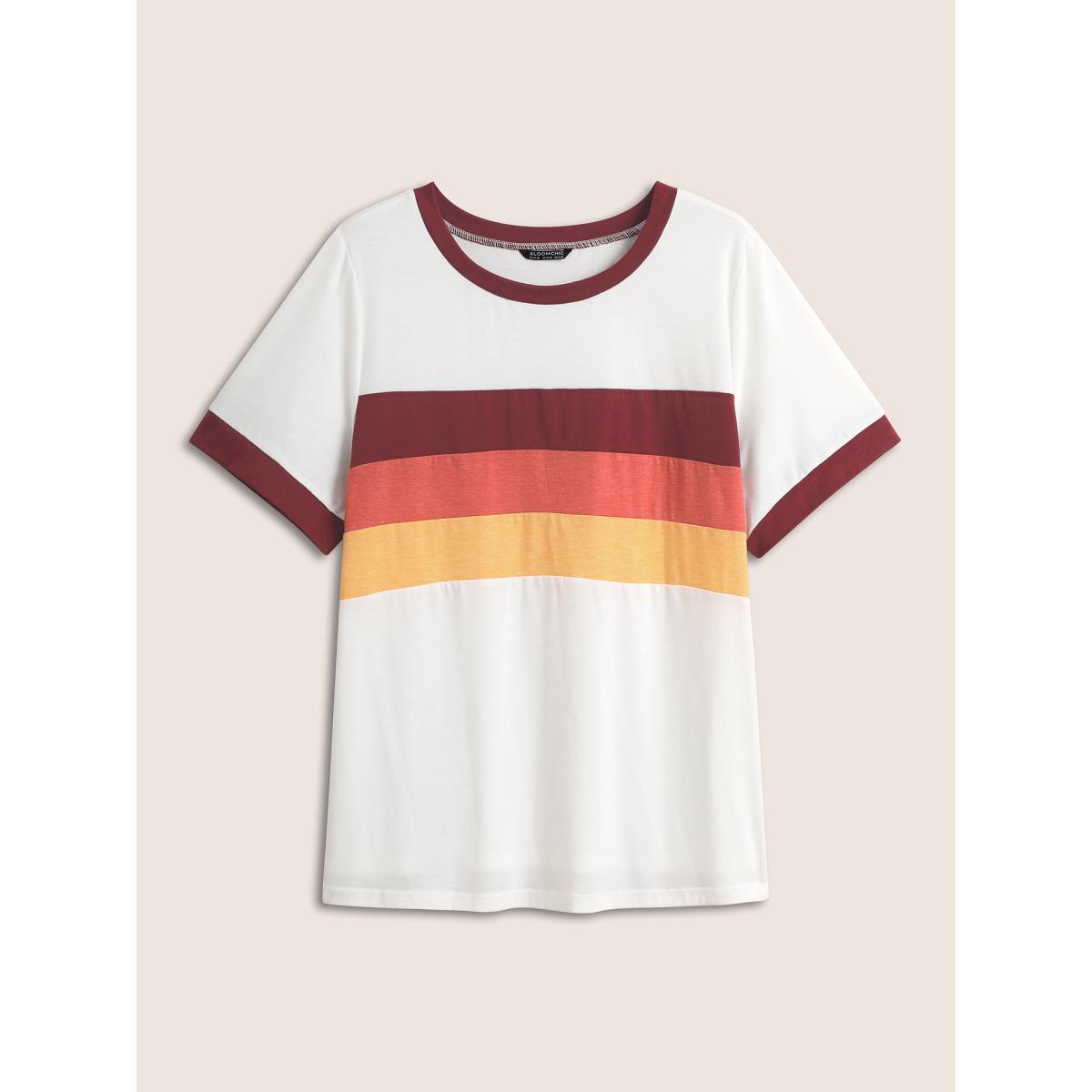 Plus Size Round Neck Striped Contrast Patchwork T-shirt Originalwhite Women Casual Contrast Round Neck Everyday T-shirts BloomChic 18-20/2X Product Image