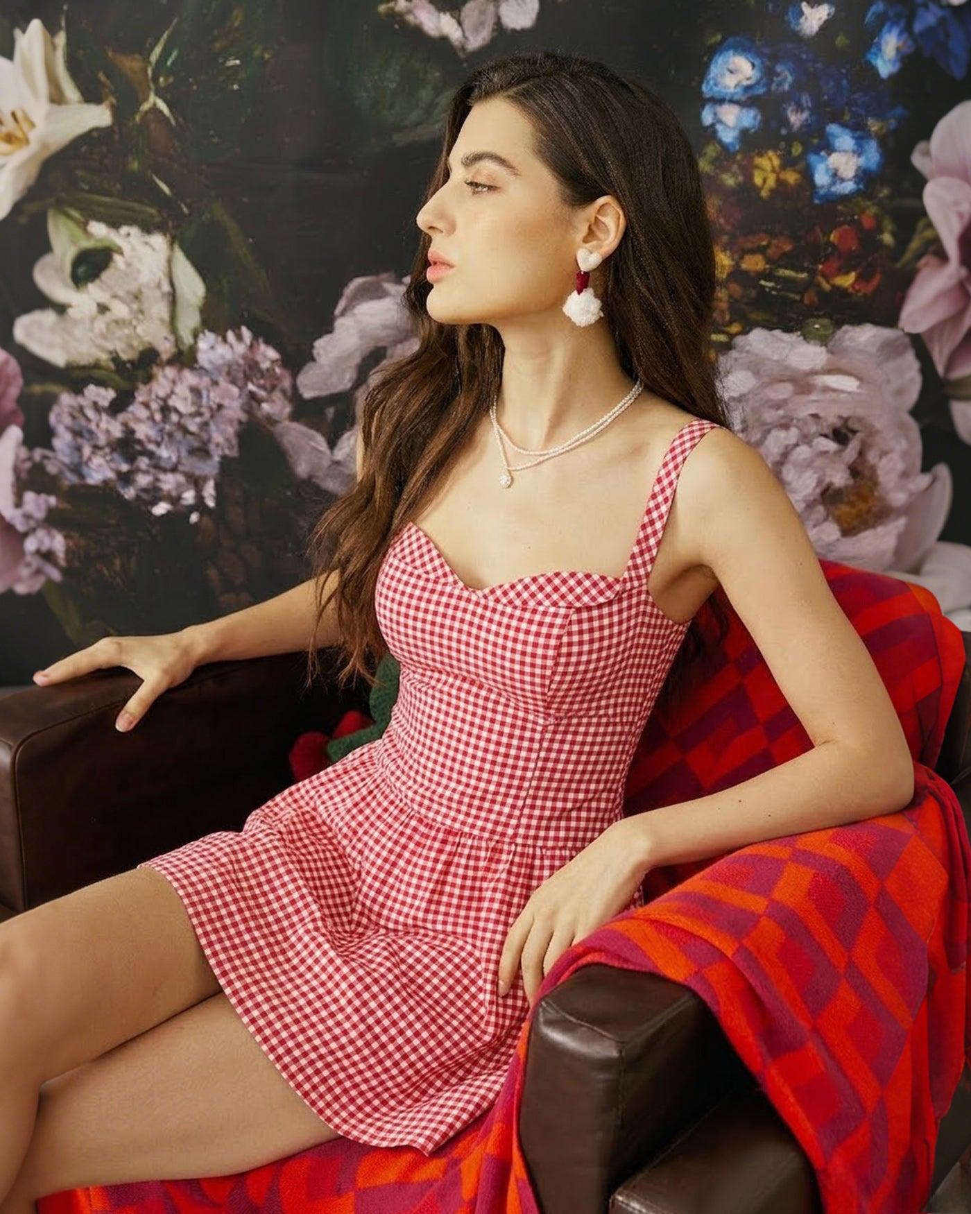 Red Plaid Sweetheart Neck Slip Mini Dress Product Image
