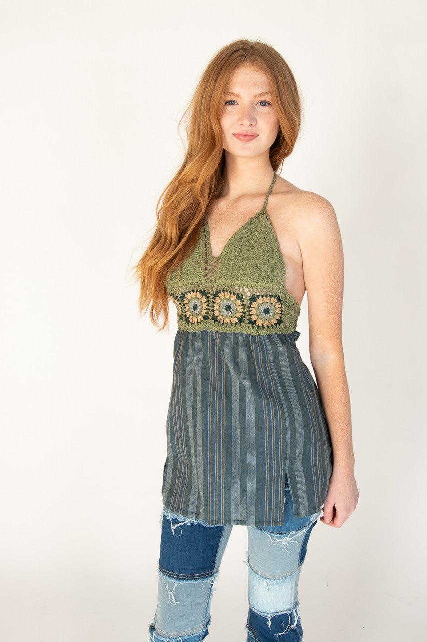 Crochet Top Striped Skirt Mini Dress Product Image