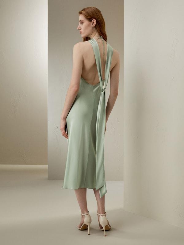 LILYSILK Women's Silk Charmeuse Elegant Halter Neck Open Back Dress Aqua Green 0 Product Image