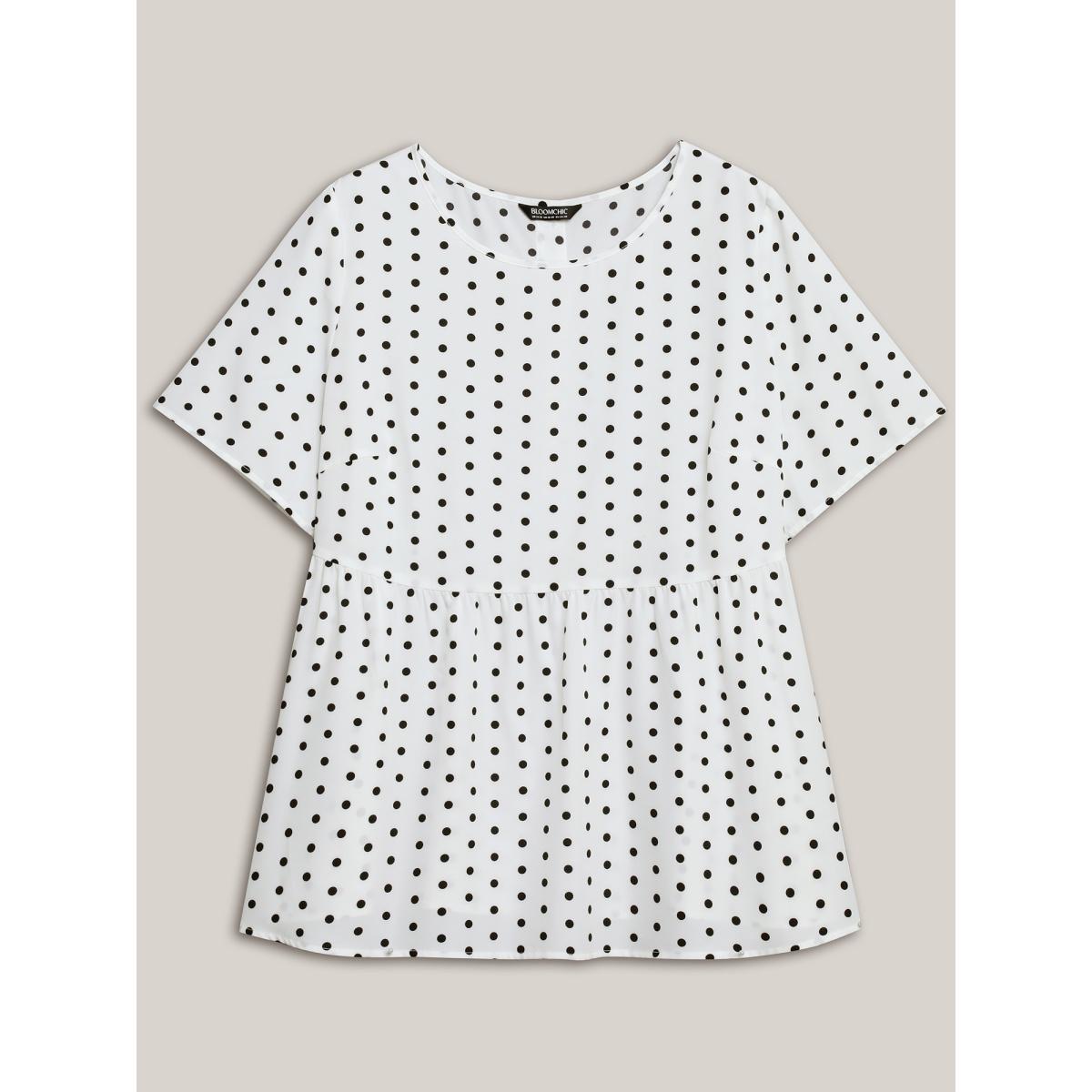 Plus Size Originalwhite Polka Dot Button-Back Flared Shirt Women Retro Short sleeve Round Neck Elegant Blouses BloomChic 30/6X Product Image