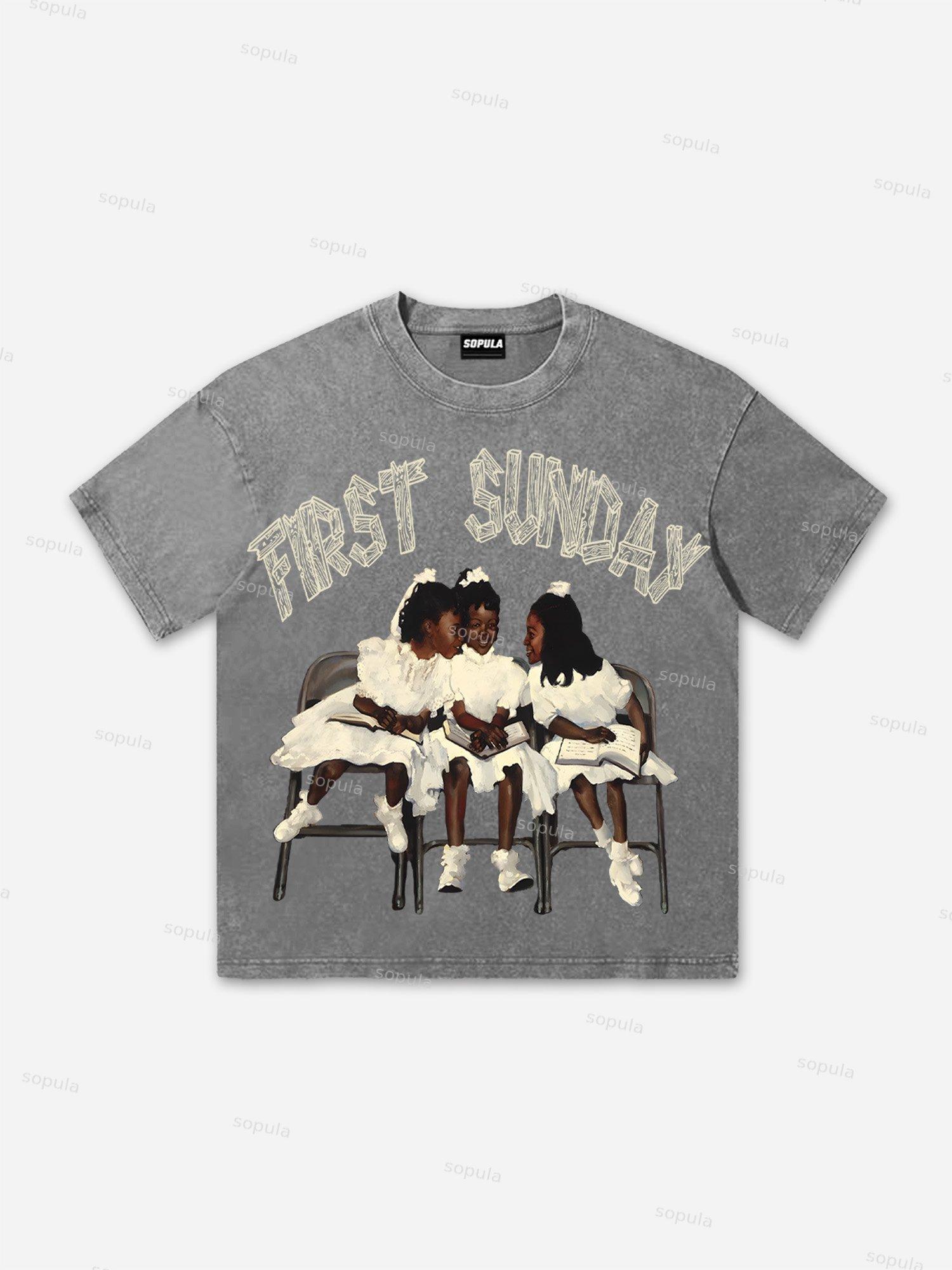 First Sunday Retro Graphic Print Acid Washed T-Shirt Product Image