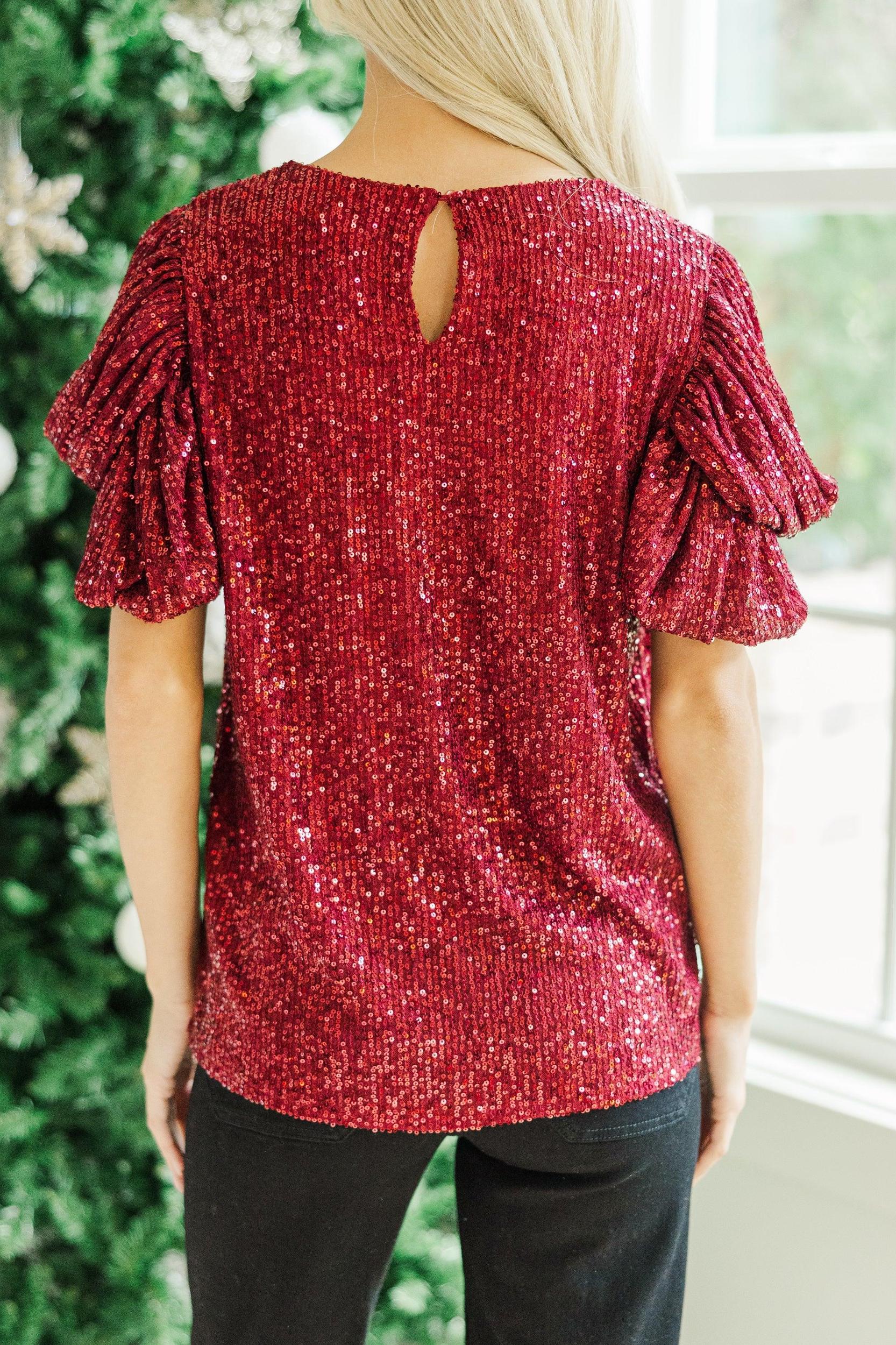 Ready To Shine Wine Red Sequin Blouse Female Product Image