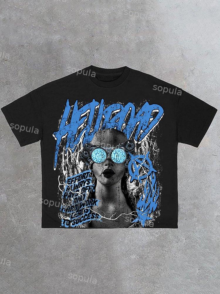 Hell Road Retro Fun Portrait Print Cotton T-Shirt Product Image