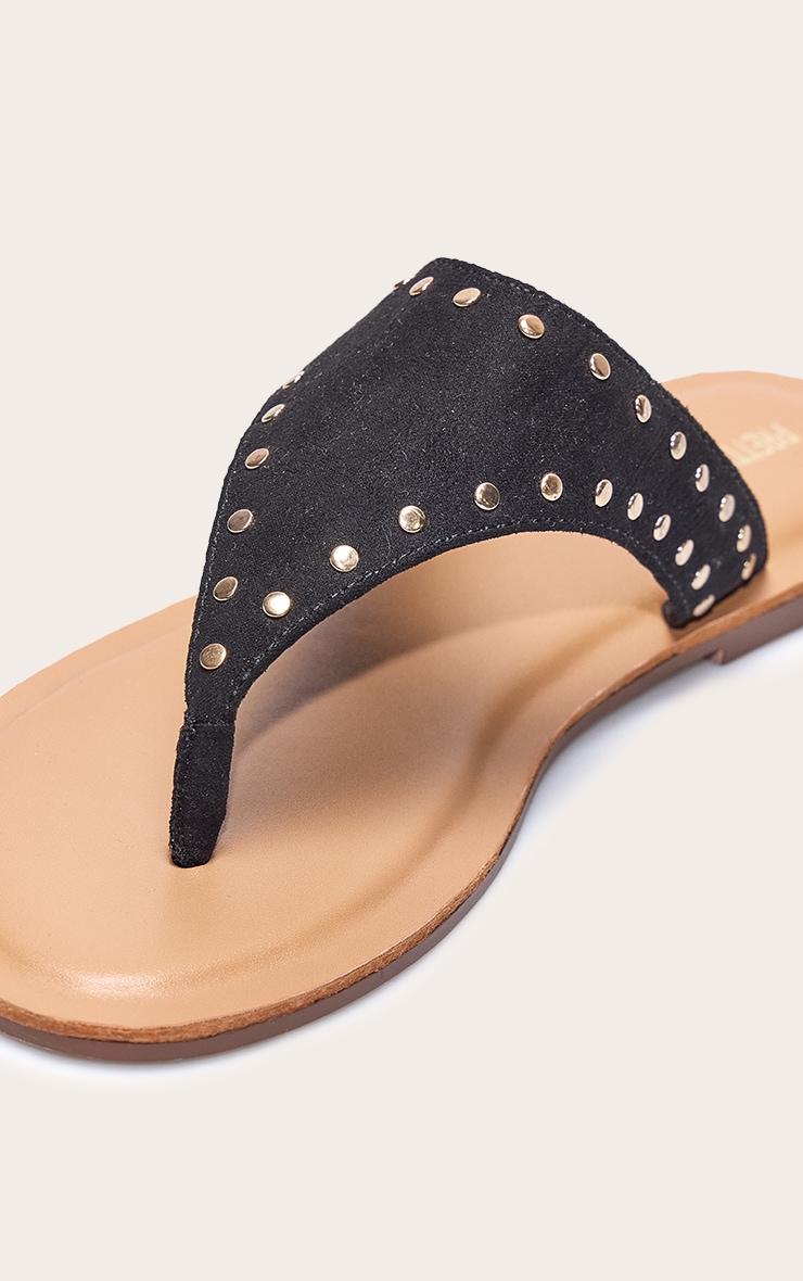 Black Faux Suede Stud Detail Toe Thong Flat Sandals Product Image
