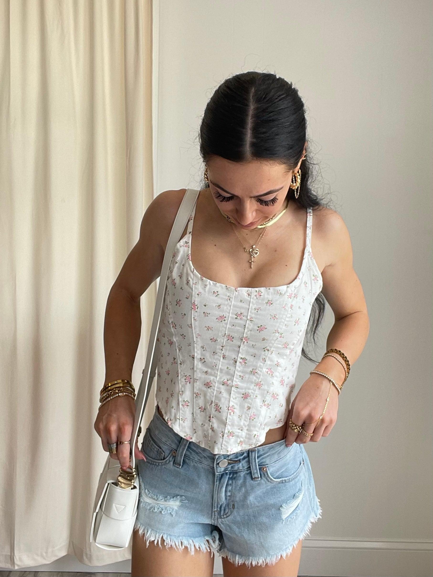 FINAL SALE Lena Ditsy Floral Corset Tank Top | White & Pink Product Image