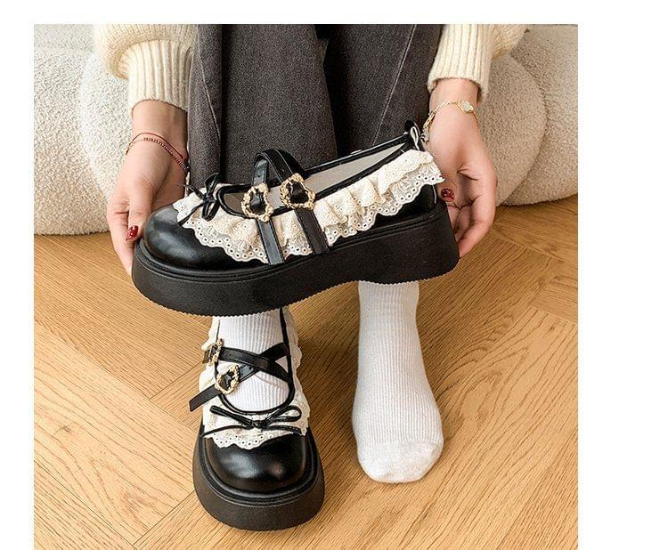 Lace Ruffle Platform Wedge Heel Mary Jane Shoes Product Image