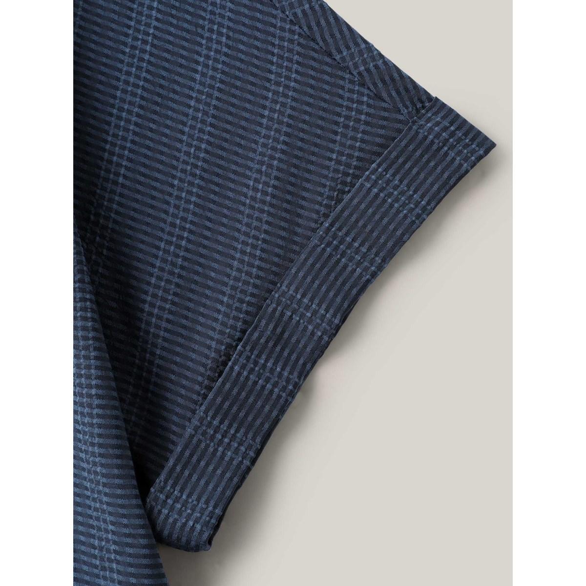 Plus Size Indigo Textured Half Placket Split Neck Shirt Women Short sleeve Flat collar with V-notch Work Blouses BloomChic 28/5X Product Image