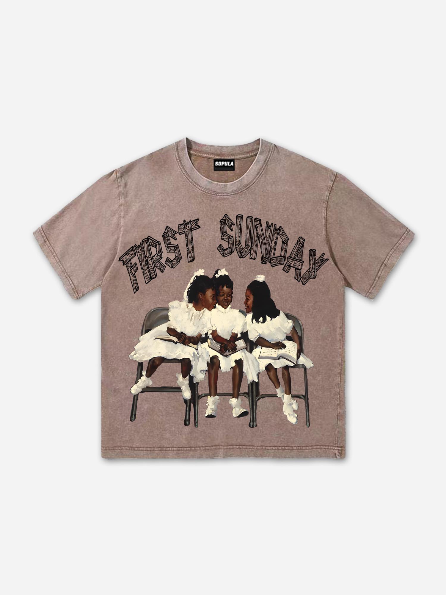 First Sunday Retro Graphic Print Acid Washed T-Shirt Product Image