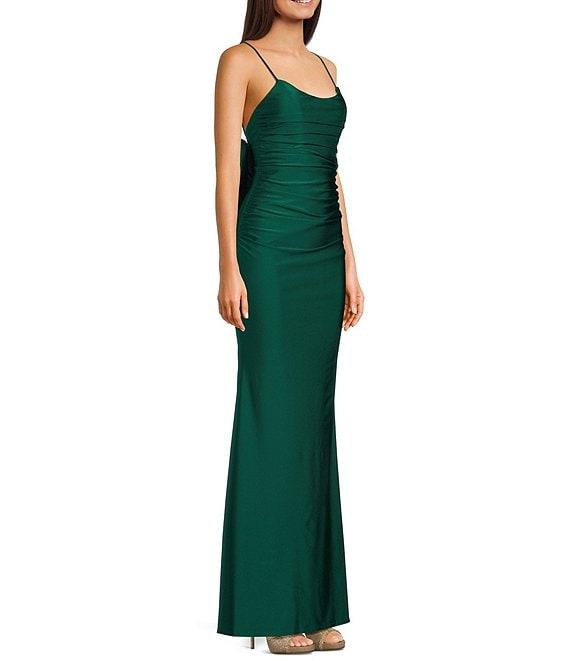 Midnight Doll Satin Knit Scoop Neck Bow Back Dress Product Image