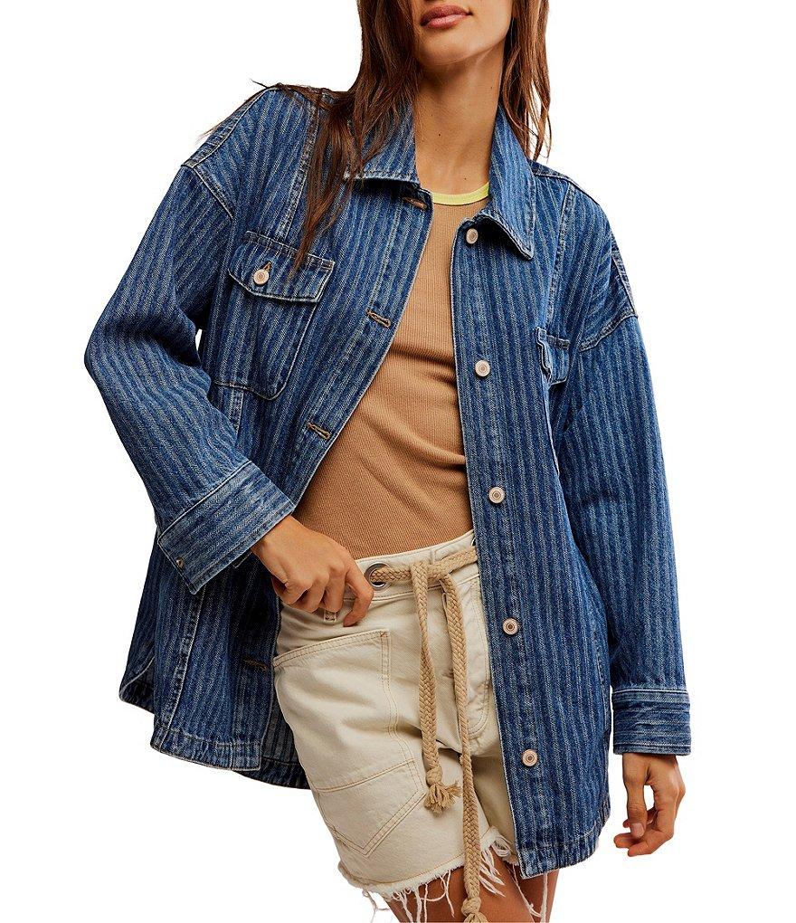 Free People Dunes Stripe Collared Oversize Fit Button Front Denim Shirt Jacket Product Image