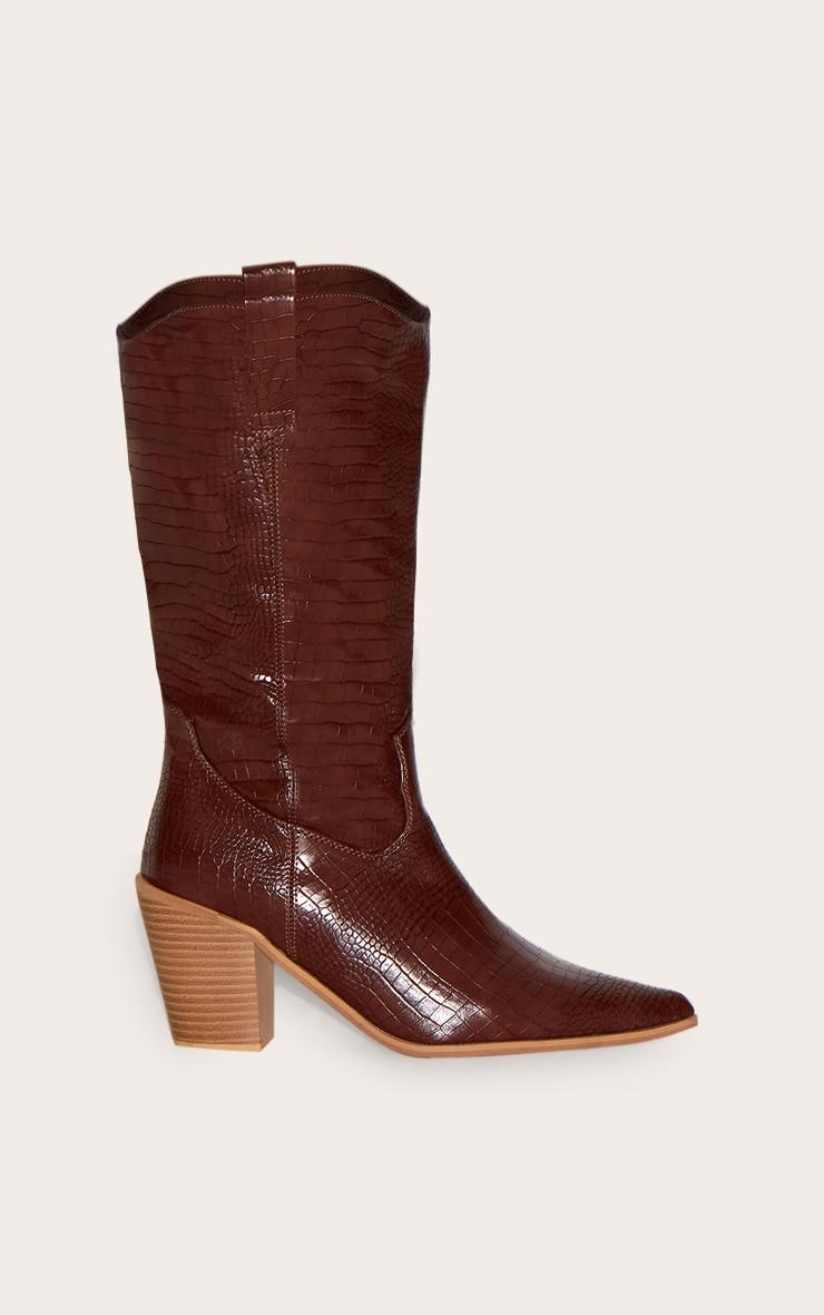 Brown PU Wide Fit Croc Point Toe Knee High Western Boots Product Image