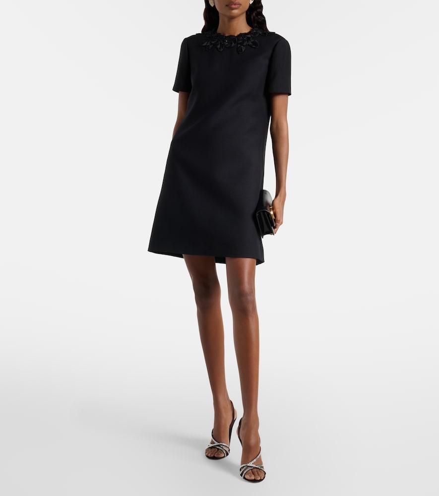 VALENTINO Embellished Silk-trimmed Wool And Silk-blend Crepe Mini Dress In Black Product Image