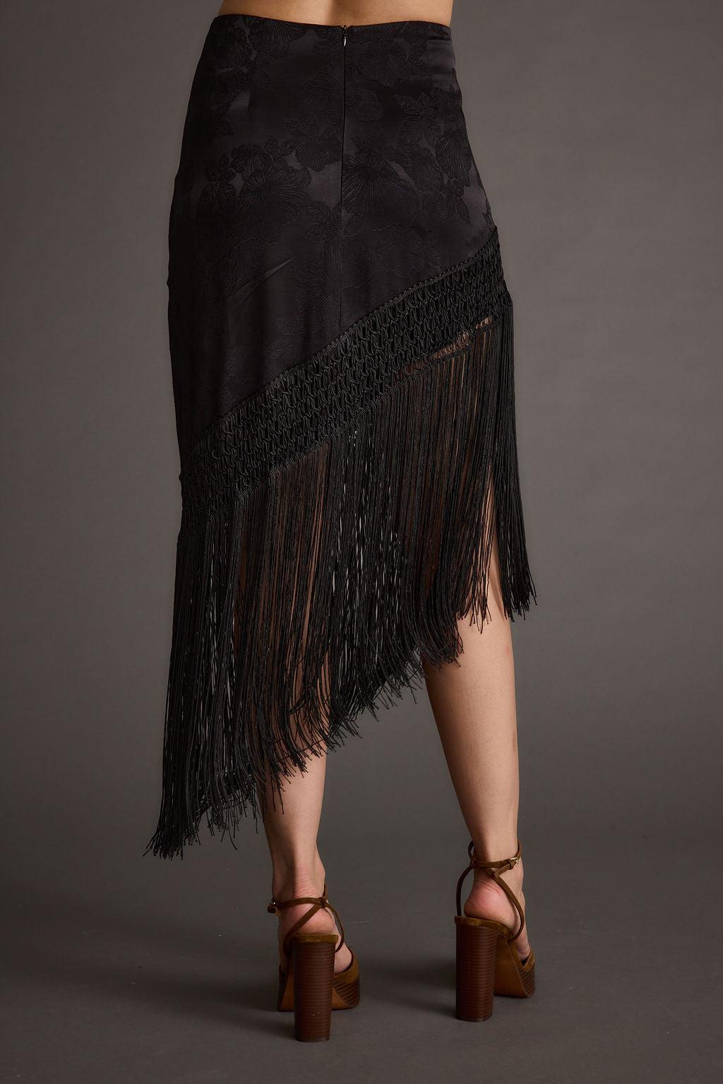 Frankie Black Satin Jacquard Fringe Midi Skirt Product Image