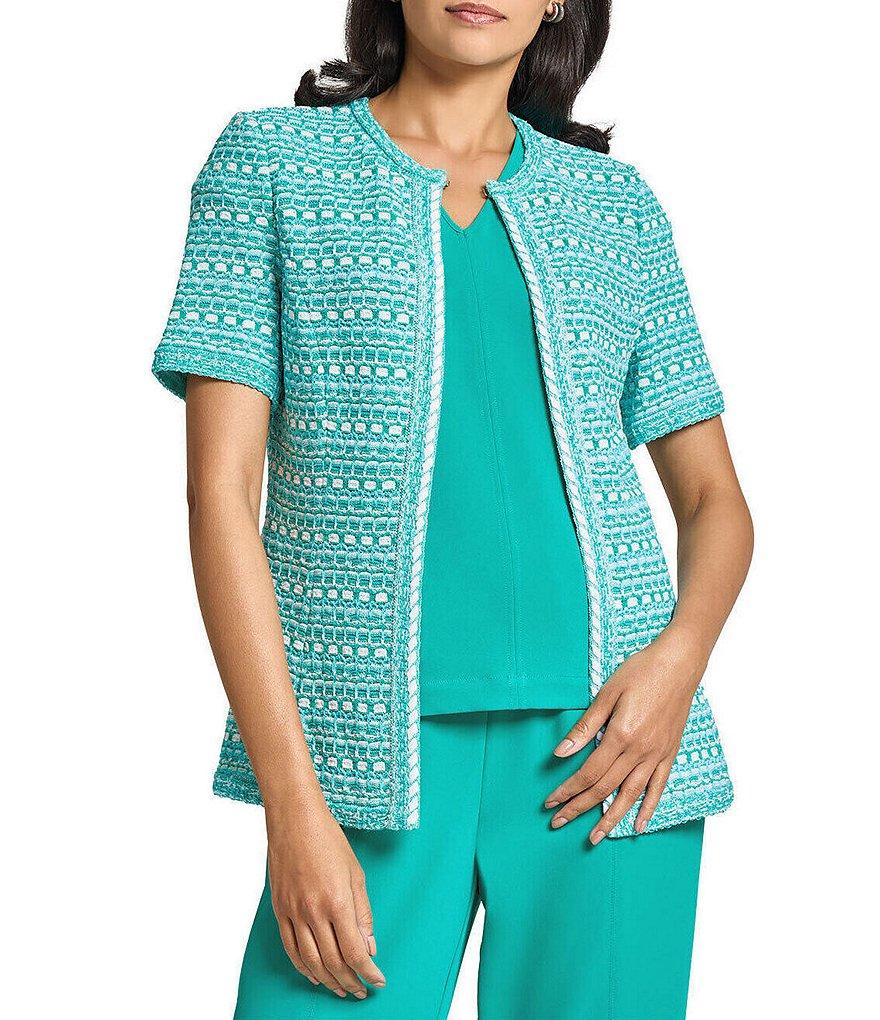 Ming Wang Multi-Stitch Knit Crew Neck Short Sleeve Tailored Jacket Product Image