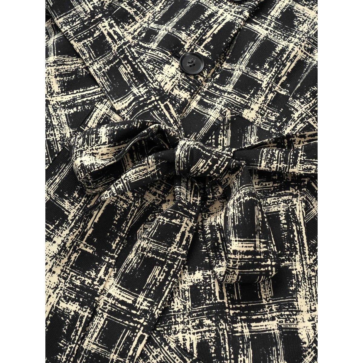 Plus Size Geometric Pocket Belted Lined Blazer Black Women Work Geometric Non Sleeve Long Sleeve V-neck 14-16/1X Patch pocket Belt At the Office Blazers BloomChic Product Image