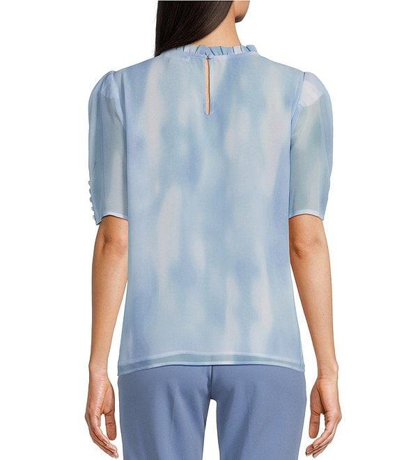 Calvin Klein Printed Ruffle Mock Neck Short Sleeve Keyhole Button Back Blouse Product Image