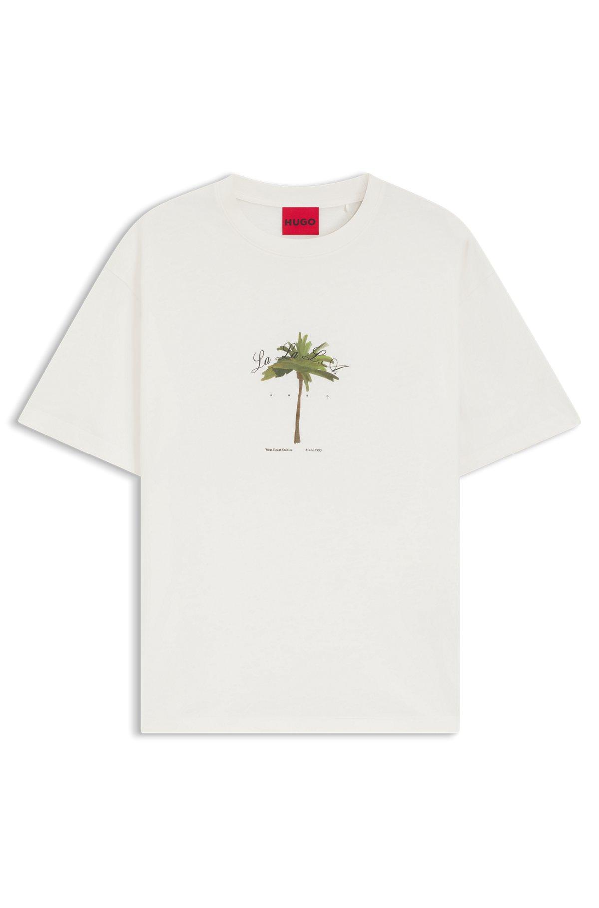 HUGO - Cotton-jersey T-shirt with palm-tree print - White Product Image