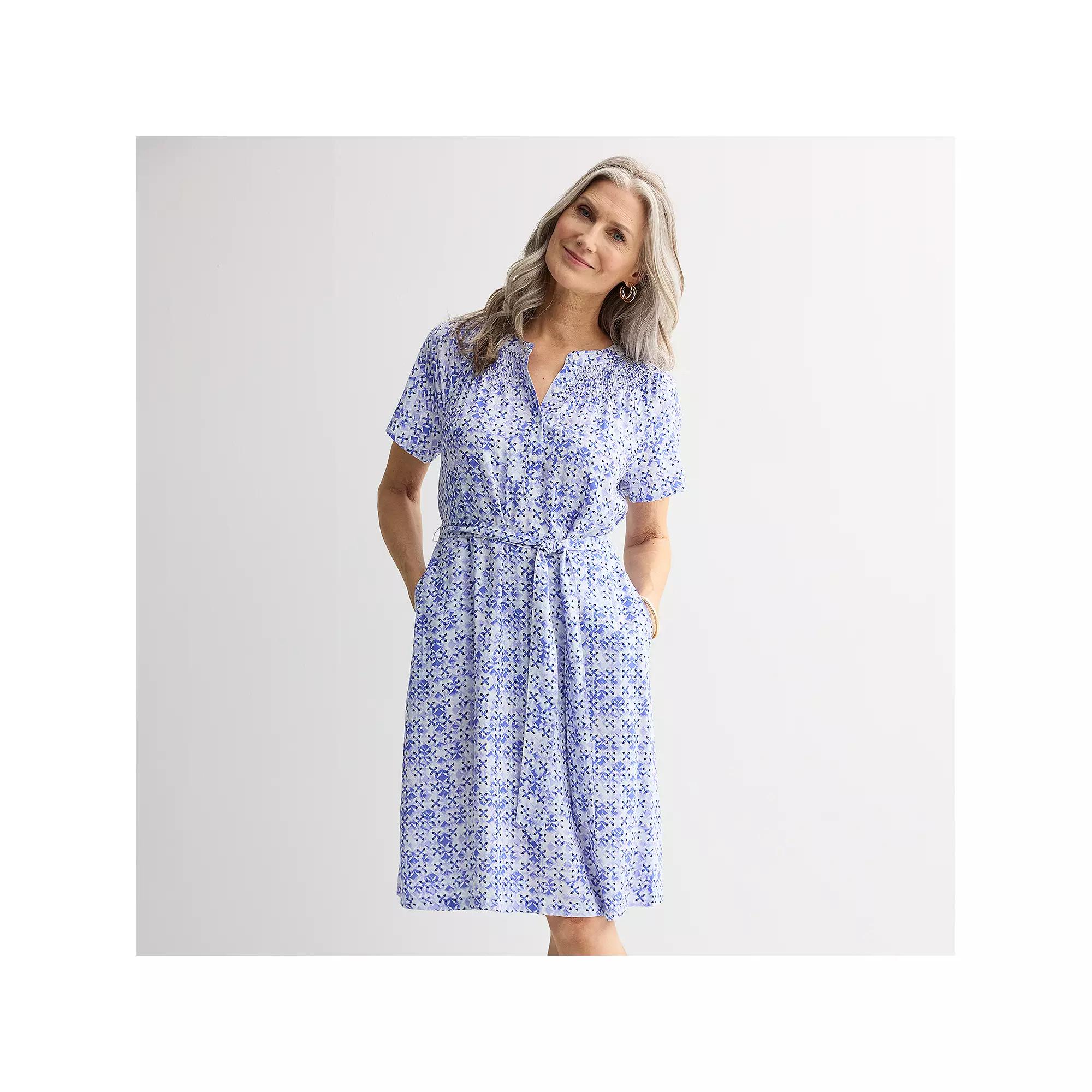 Women's Croft & Barrow® Smocked Neck Button-Front Dress, Size: Large, Deep Blue Geo Product Image