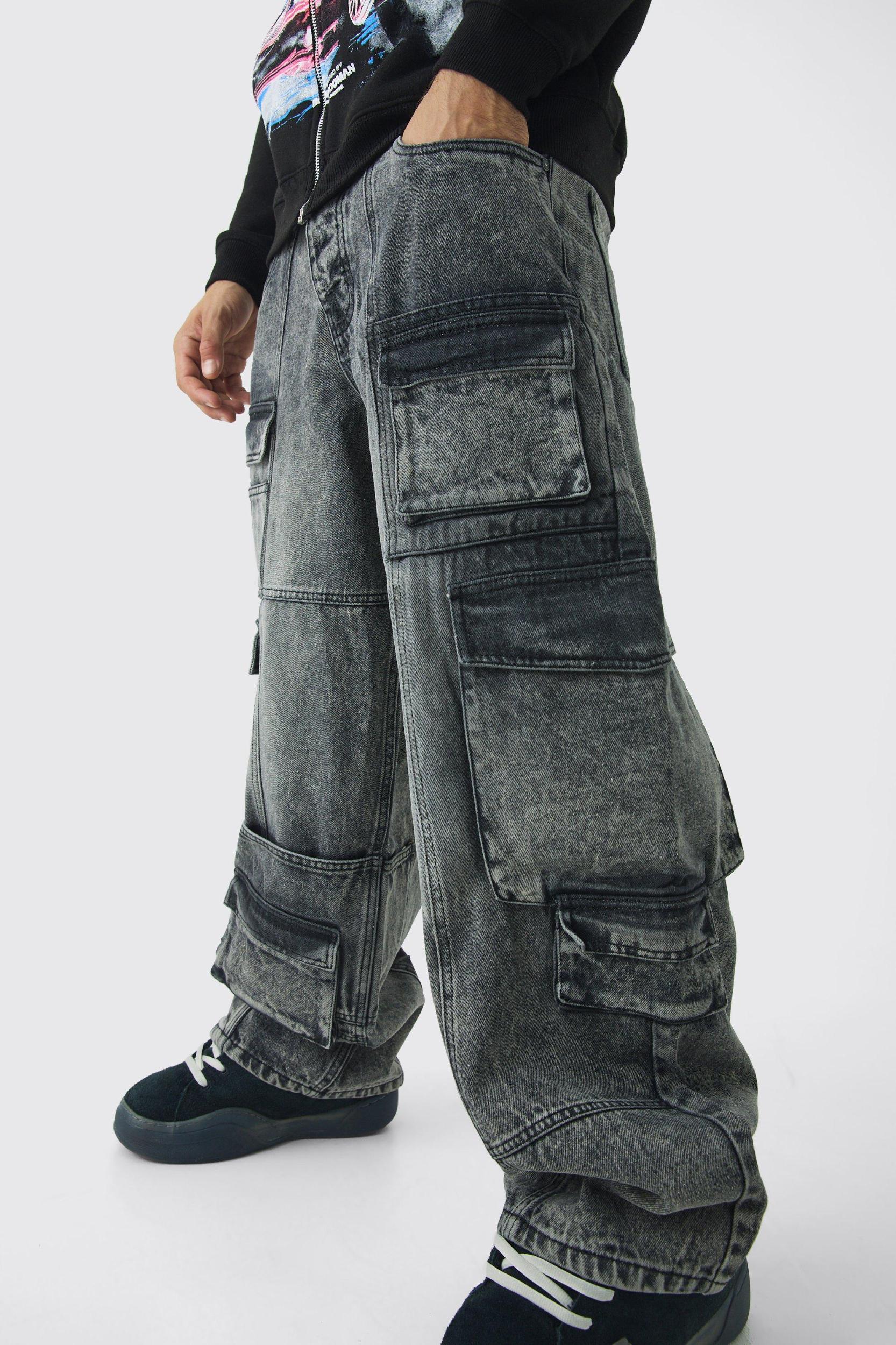 Baggy Fit Acid Wash Denim Cargo Jeans | boohooMAN USA Product Image