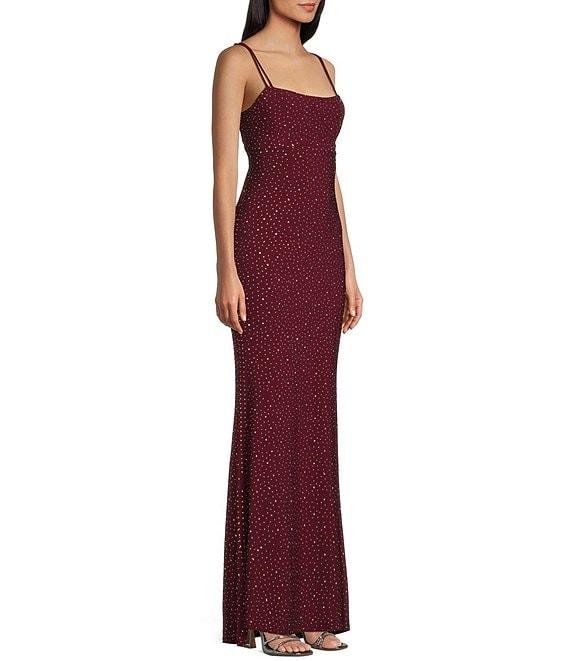 Jump Rhinestone Square Neck Spaghetti Strap Lace Up Back Gown Product Image