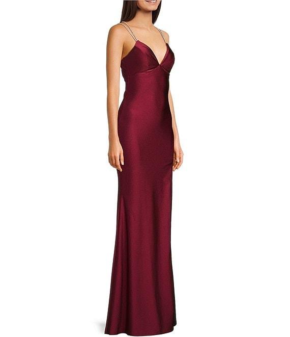 Midnight Doll Jersey Knit Satin V-Neck Rhinestone Strap Lace Up Back Side Slit Long Dress Product Image