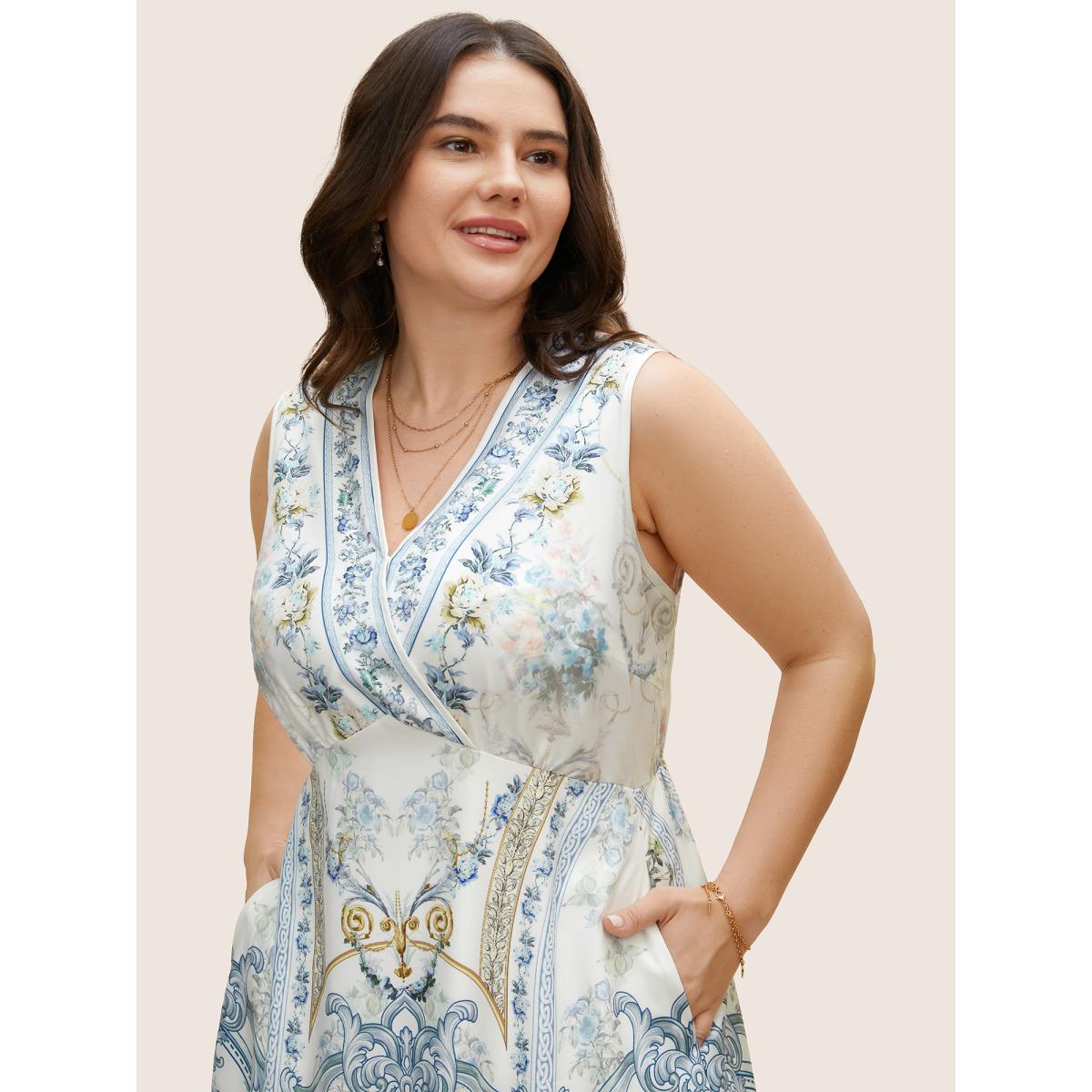 Plus Size V Neck Boho Print Sleeveless Midi Dress Originalwhite Women Resort Gathered V-neck Sleeveless Curvy BloomChic 30/6X Product Image