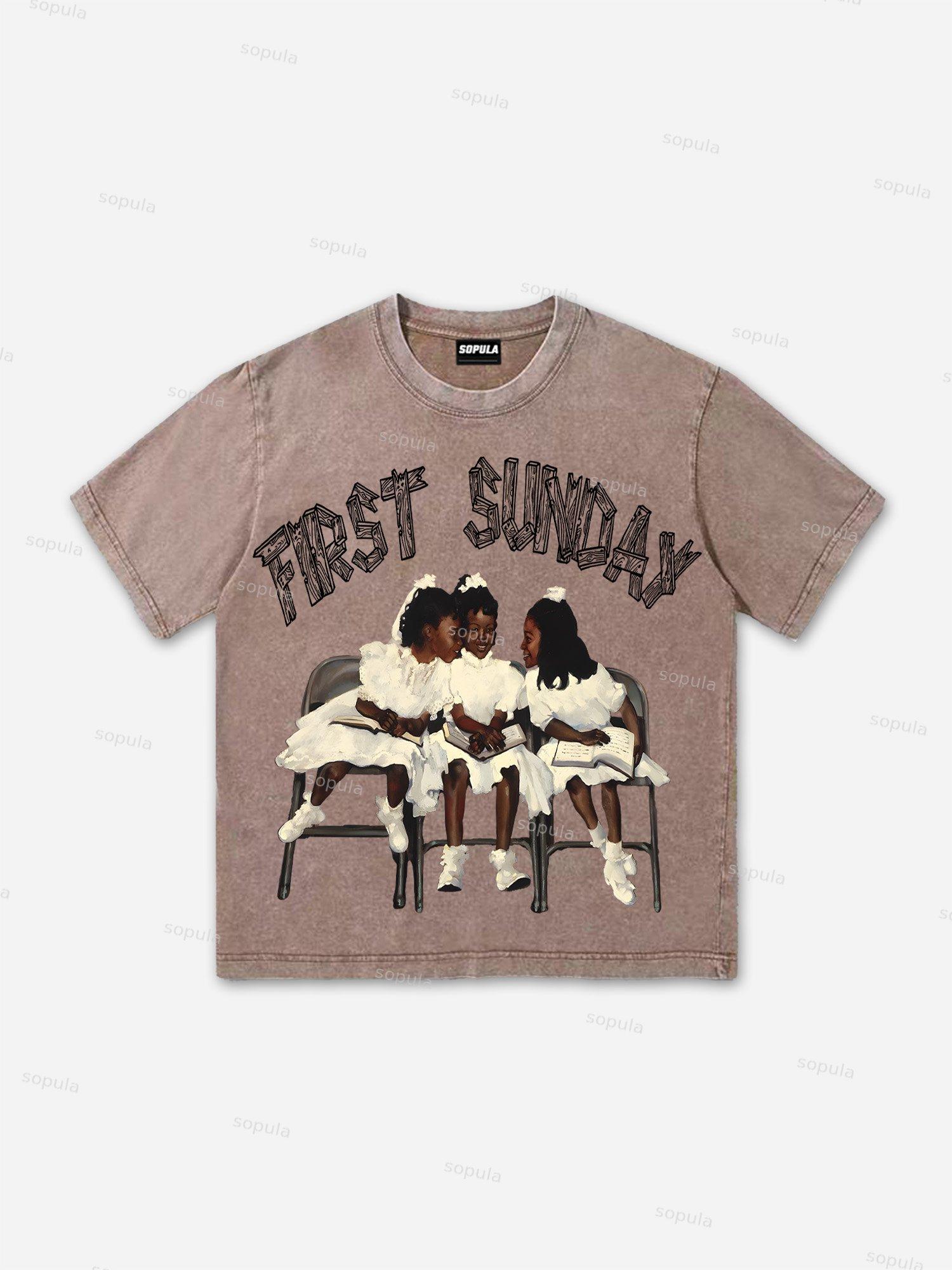 First Sunday Retro Graphic Print Acid Washed T-Shirt Product Image