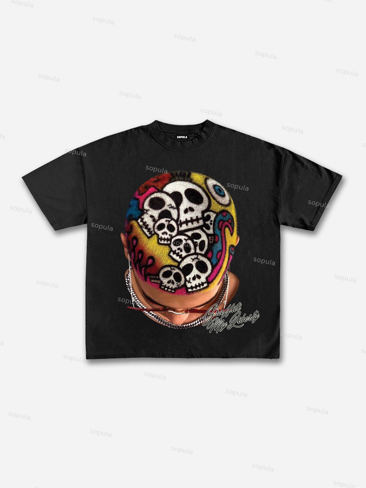 Men's Creative Hairstyles Big Head Graphic Cotton T-shirt Product Image