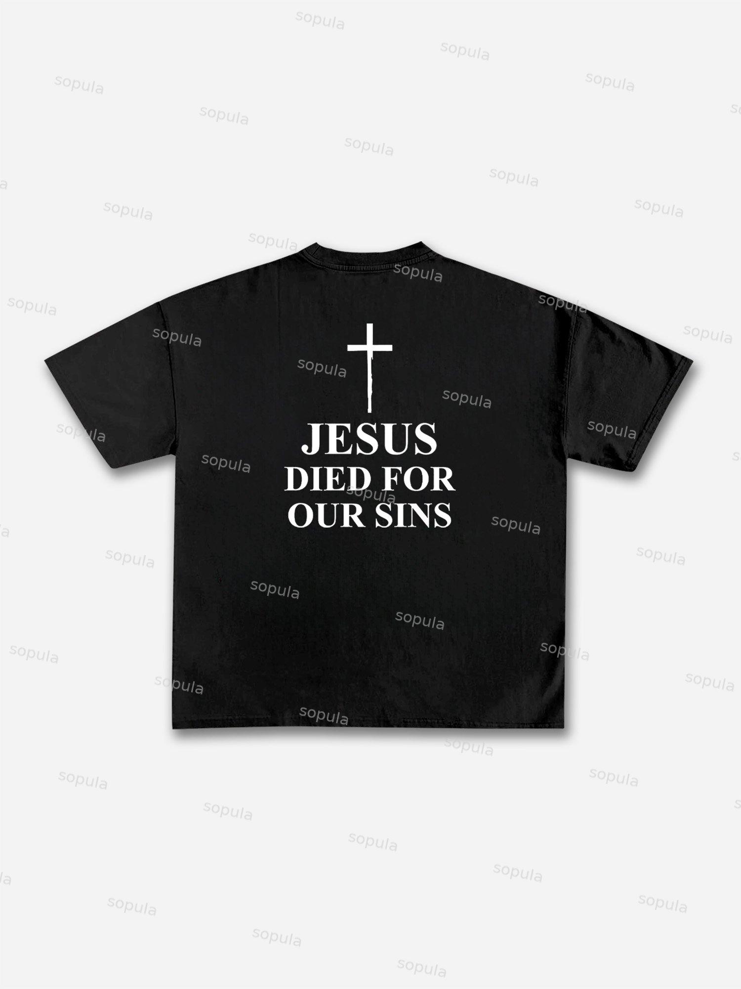 Thorn Neckline Jesus Alphabet Graphic Cotton T-shirt Product Image