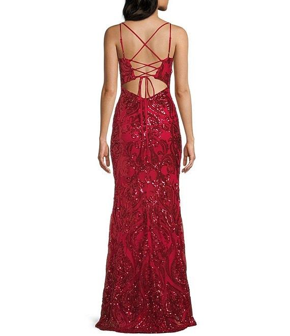 B. Darlin Sequin Pattern V-Neck Double Spaghetti Strap Lace Up Back Dress Product Image