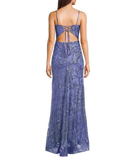 Blondie Nites Glitter Sequined Leaf Pattern V-Neck Sleeveless Tie Back Gown Product Image