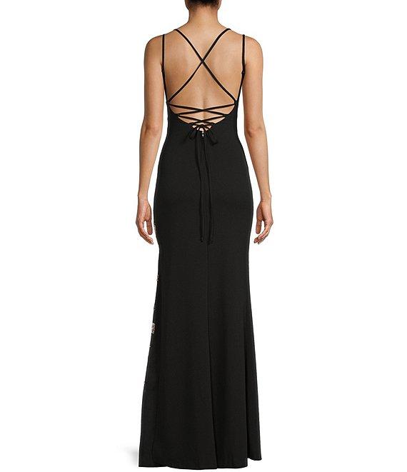 Honey and Rosie Sequin Floral Lace Square Neck Spaghetti Strap Lace Up Back Gown Product Image